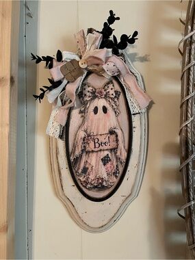 Hand Crafted Pink & Cream Boo Ghost Wall Plaque